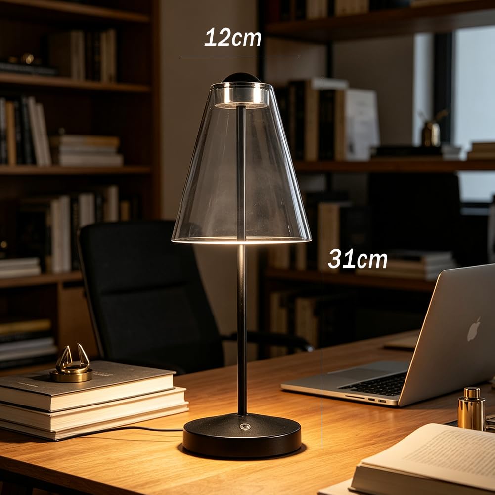 Akku Tischlampe Kabellose 3000K Dimmbar Tischleuchte USB Aufladbar LED Touch Schalter Nachttischlampe Batteriebetrieben Warmes Licht 2 Helligkeitsstufen Metalllampe Schwarz für Esszimmer Terrasse