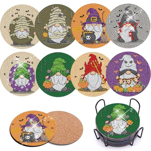 APCGSM 8PCS Halloween DIY Drink Coasters Kit with Cork Base, Gnome Diamond Art Painting Coasters for Adults & Kids Beginners