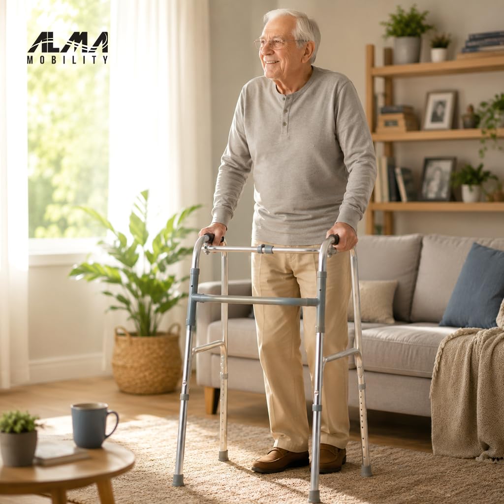 ALMA Andador para Ancianos Plegable de Aluminio, Andador Articulado Ortopédico, Ligero y Ajustable en Altura, Sin Ruedas, con Empuñaduras Anatómicas, Marcha Asistida para Adultos y Personas Mayores
