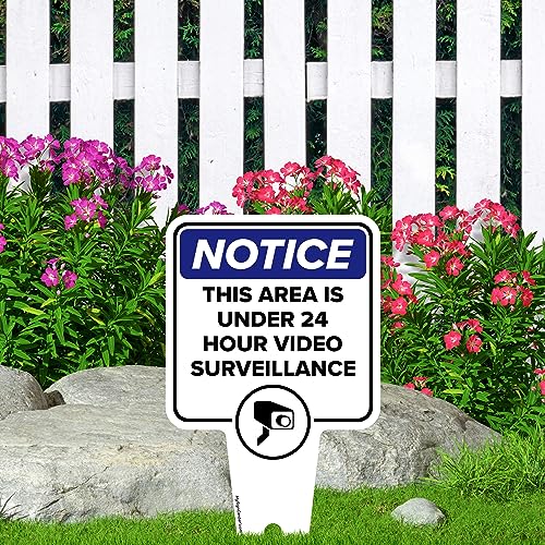 Image of Notice, This Area is Under 24 Hour Video Surveillance Sign, 7x13, Heavy Duty Integrated Ground Stakes, Indoor /Outdoor Use, Rust Free Aluminum Composite, Made in USA by My Sign center