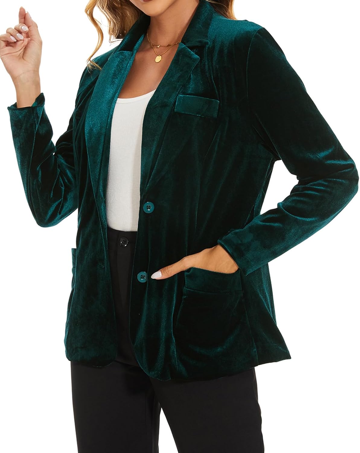 MINTLIMIT Womens Velvet Blazer Notched Lapel Classic Casual Formal Button Front Cardigan Blazer Tailored Velvet Jacket Coat, 2XL, Dark Green - Image 4
