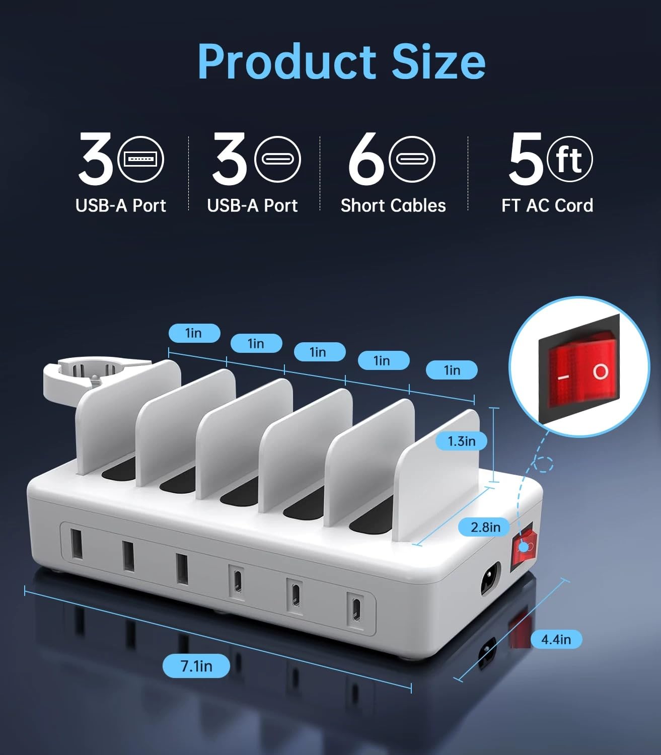 Estación de carga PD para varios dispositivos de 96 W, 6 puertos USB C estación de carga con 3 PD 20 W USB-C Multi cargador para teléfono móvil, tablet y otros