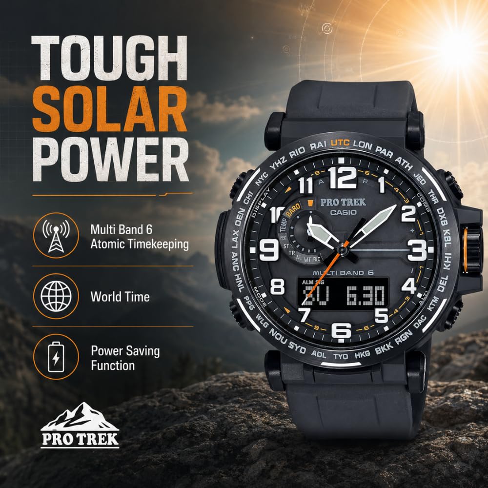 Casio Pro Trek Tough Solar - Orologio da uomo Ana-Digital Triple Sensor Multi-Band 6 Atomic World Time Keeping