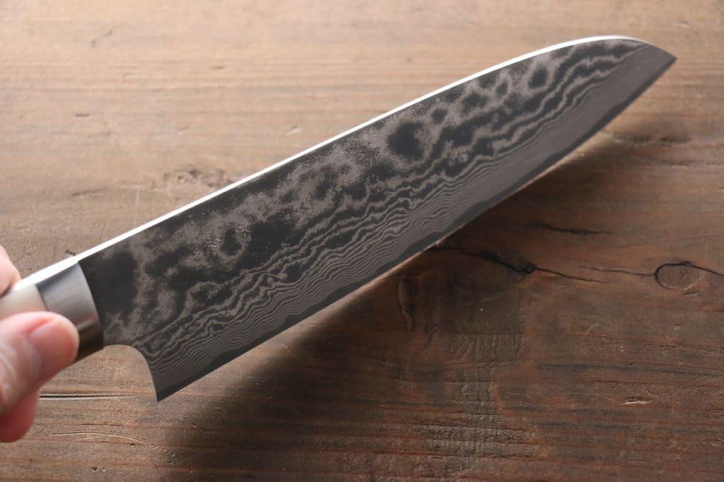 VG10 DAMASCUS BLACK FINISH JAPANESE CHEF'S SANTOKU KNIFE WITH DEER HORN HANDLE 180MM