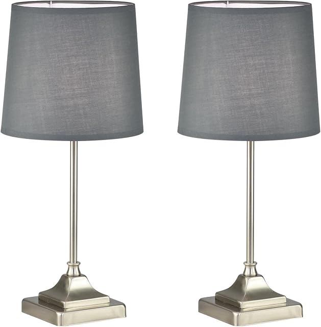 firstchoicelighting Set of 2 Brushed Nickel Table Lamps or Bedside Lights, Classic Design ,Grey Fabric Shade, 47cm Height, LED Compatible