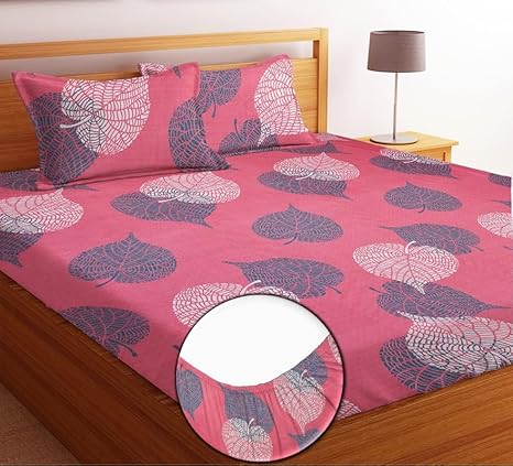 Luxury Trends Style Primiuem 180 Tc Cotton Feel Elastic Fitted Printed King Size Double Bed Bedsheet Wrinklefree/Deep Pocket Sheet with 2 Pillow Covers (78