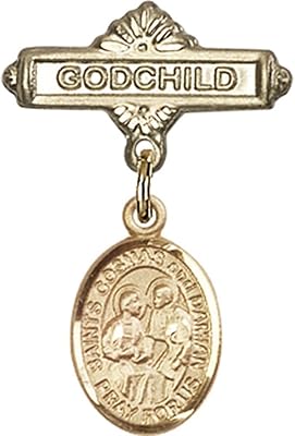 14kt Yellow Gold Baby Badge with Sts. Cosmas & Damian Charm and Godchild Badge Pin 1 X 5/8 inches