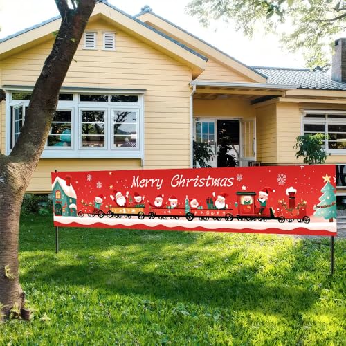 Image of Christmas Train Banner 78.7 x 17.7 Inch Santa with Gift Carriage Red Background Holiday Decoration for Yard Garden Fence Porch Patio or Outdoor Display Great for Christmas Party Scene and Winter Celebration