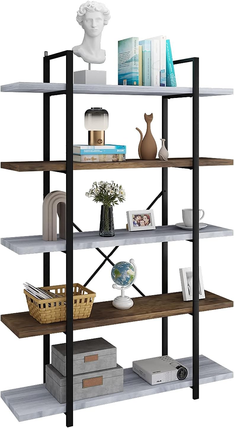 Bеѕt Quаlіtу 🔥 FRSTONE Wood 5Tier Large Shelf Bookcase Modern,Open Bookshelf,Rustic Industrial Book Shelf For Office,Farmhouse Wooden Open Tall Etagere Bookcase For Storage And Display 2- Brown 3-Silver Color Mixing