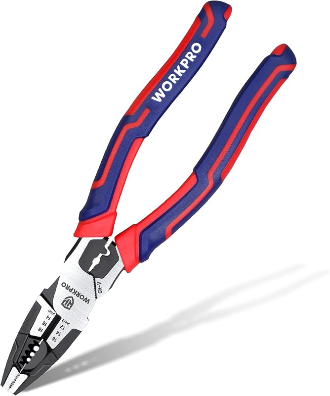 Alicates lineman 6 en 1 WORKPRO con cortacables y pelacables, 8 pulgadas | Alicates combinados multiusos, acero CR-V de primera calidad, alambres de corte retorcidos, abrazadera de tornillo, agarre ergonómico, mantenimiento del hogar