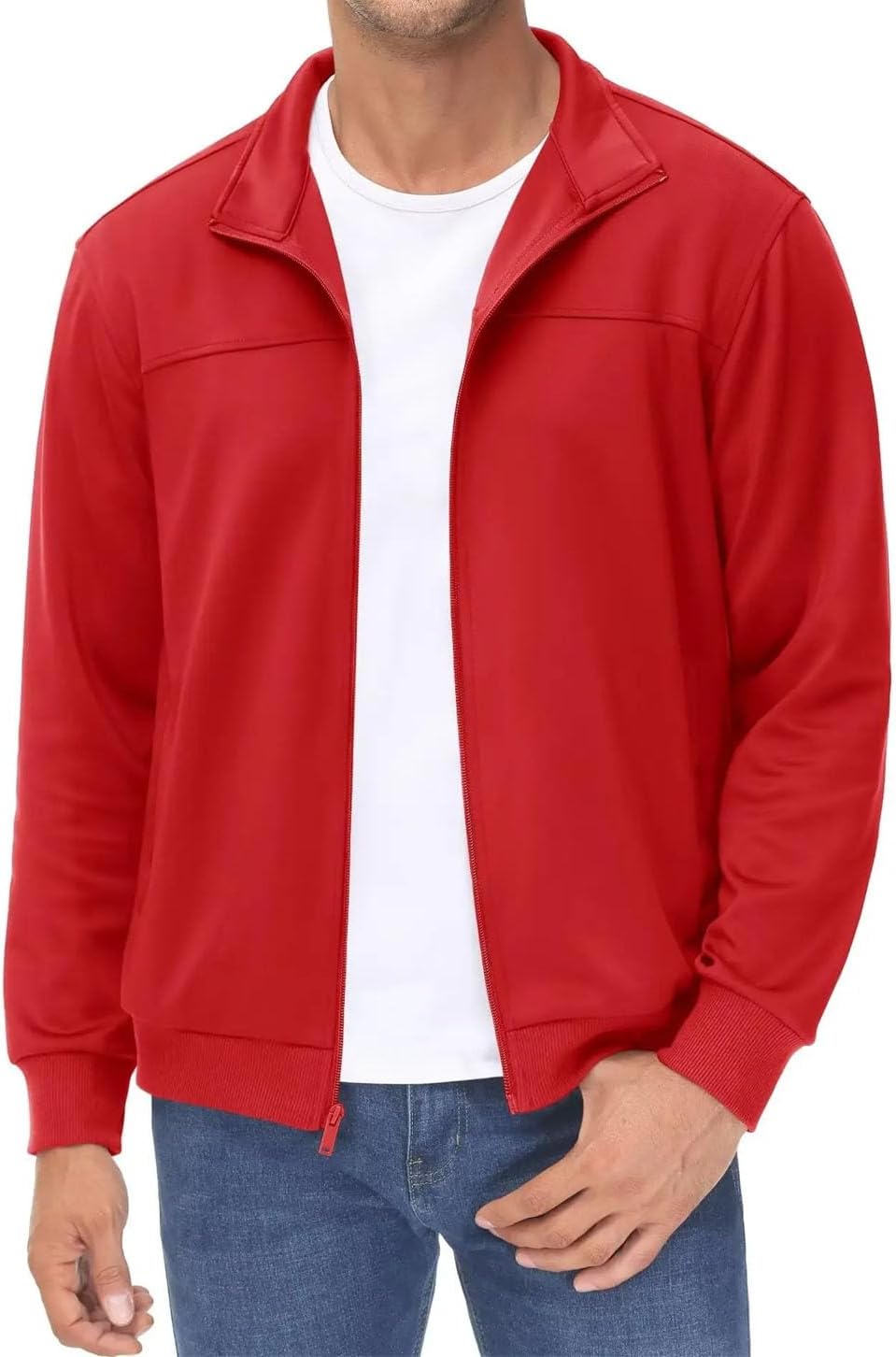 Mens Lightweight Full Zip Sports Jacket Lapel Solid Color Running Fitness Long Sleeve Coat