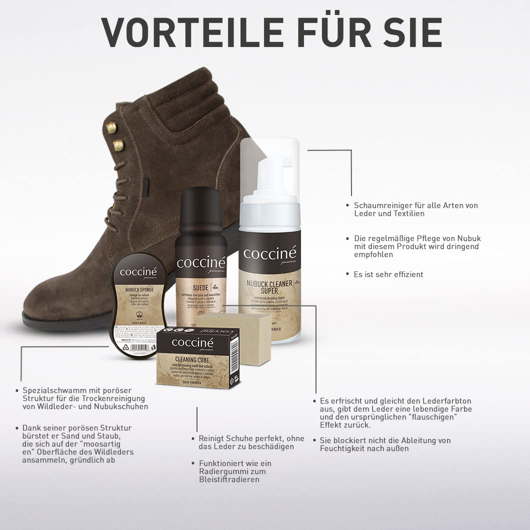 Cocciné - Kit d'entretien 4 en 1, Kit Nettoyage, Nettoyant Chaussure, pour Chaussures en Daim, Nubuck et Membranes TEX, Utilisation Confortable, Mini éponge de Nettoyage