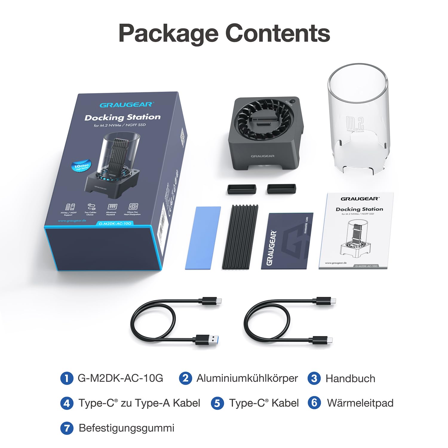 GRAUGEAR M2 SSD Docking Station für alle M.2 NVMe PCIe & NGFF SATA Festplatte [10Gbit/s Dock] USB3.2 Gen2 10Gbps I M.2 Externe Festplatten Dockingstation I SSD Festplatte Extern I Leise Lüfter Kühlung