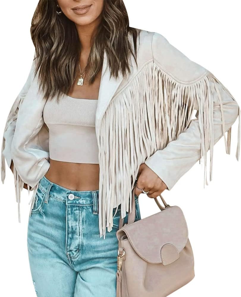 Fringe Faux Suede Leather Jackets for Women Tassel Motorcycle Moto Biker Short Open Front Tassel Coat