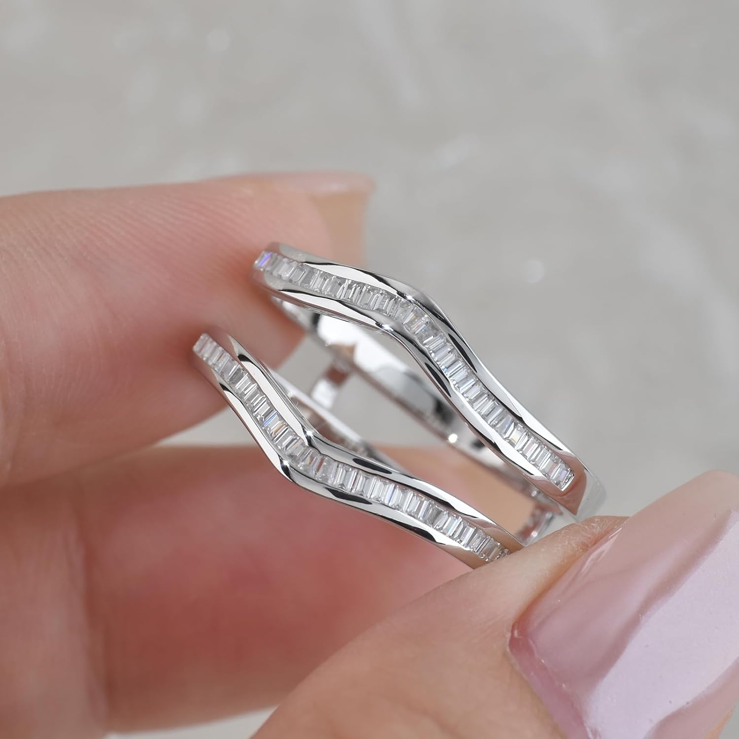 Newshe Jewellery Cubic Zirconia Ring Enhancers for Engagement Rings 925 Sterling Silver Curved Wedding Bands for Women Emerald Eternity Anniversary Bridal Size 5-10 - Image 6