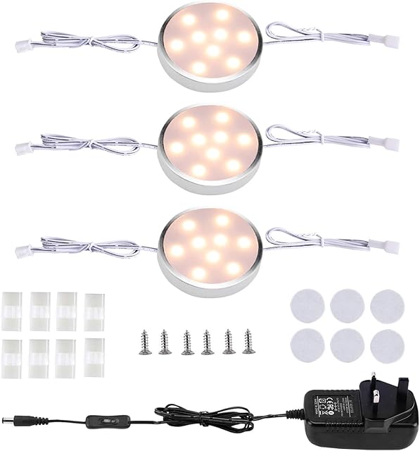 LABOREDUCER LED Linkable Puck Lights, 3 Pack Wired Under Cupboard Lights, Plug in Cabinet Lighting for Kitchen Showcase Bookcase Closet Counter (Warm White)