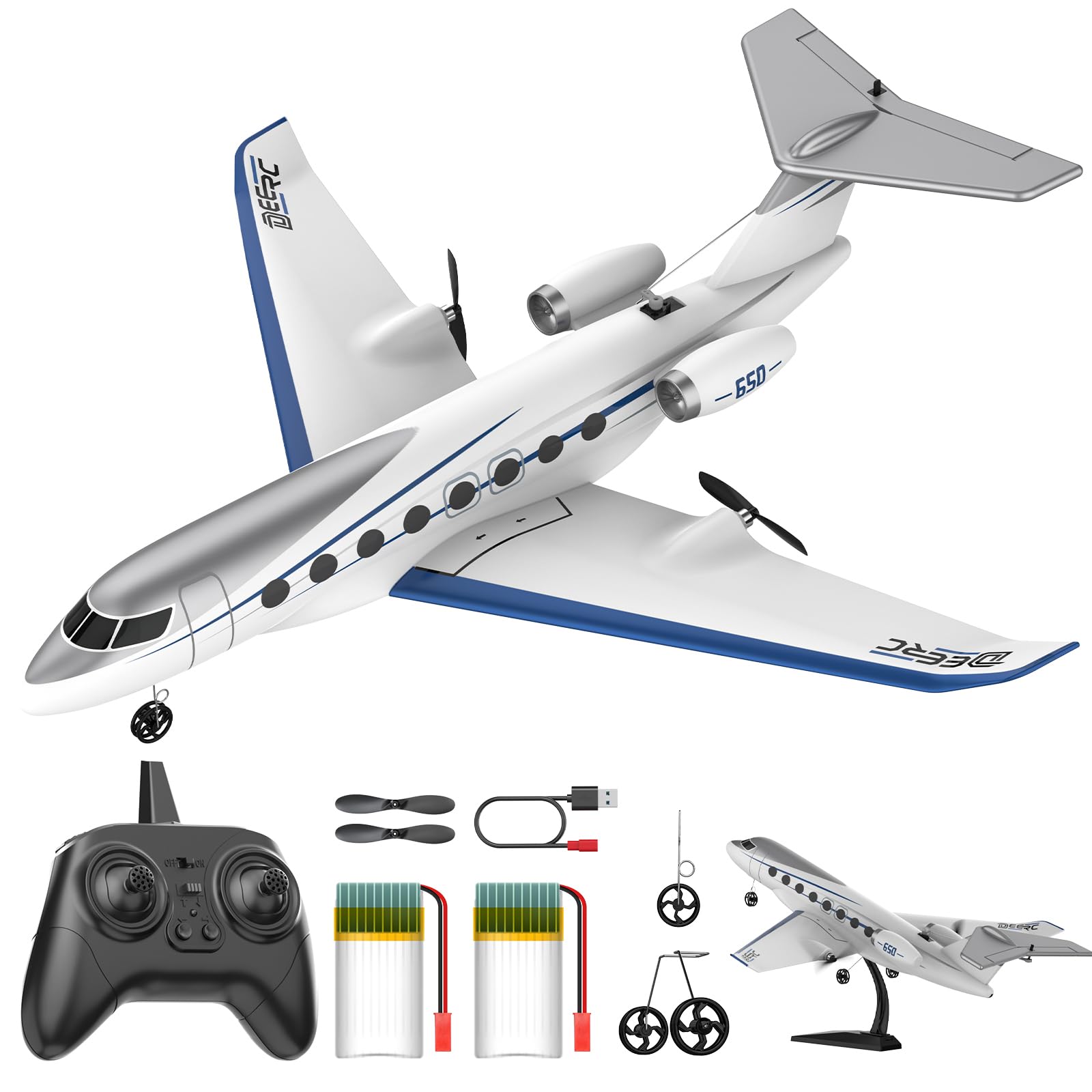 DEERC Avion Teledirigido G650, Jet Privado, Avión RC de 3 Canales, Juguete, giroestabilizador de 6 Ejes de 2,4 GHz, Planeador RTF, fácil de Volar, Ideal para Principiantes, niños y Adultos.