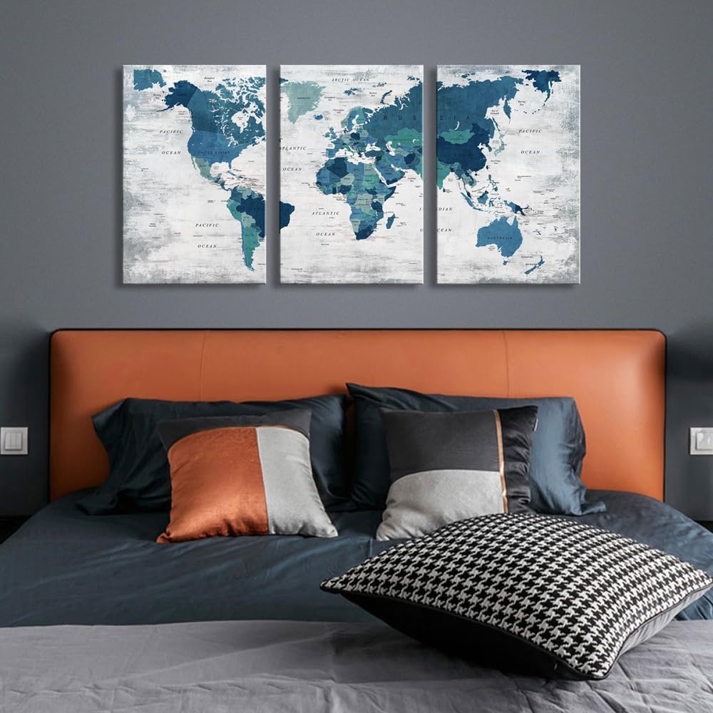 Canvas Wall Art World Map Pictures for Living Room Office Farmhouse Wall Decoration Abstract Print Art Teal Decor Rustic Map of the world Picture Framed Artwork for Home Office Decoration Large