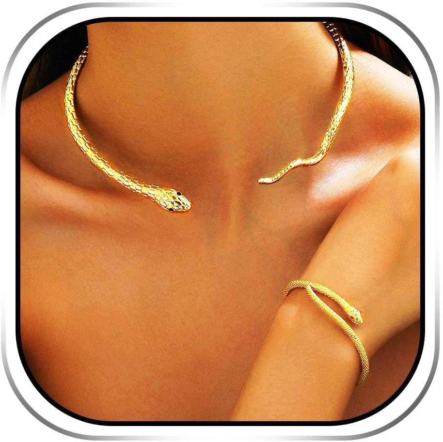 Sixexey Snake Jewelry Set Gold Collar Necklace Earring Halloween Snake Bracelet for Women