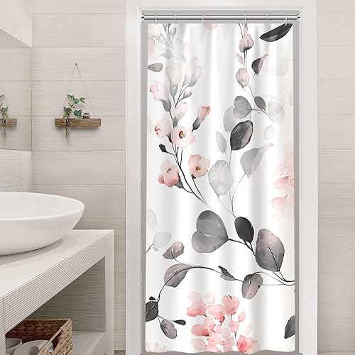 Miniatura 22 de Cortina de ducha con diseño de eucalipto azul acuarela, juego de cortina de ducha pequeña para caravana, impermeable, decoración de baño floral de