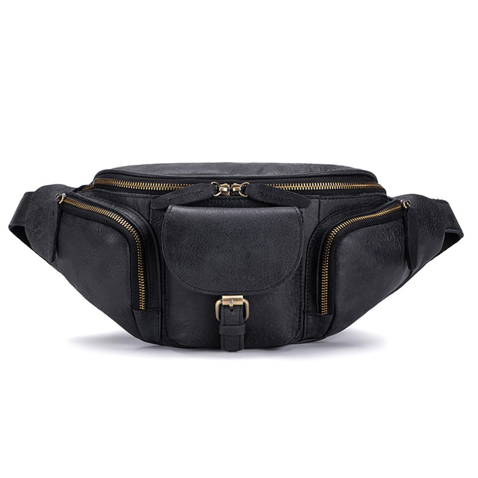 POENVFPO Bolso de Pecho de Cuero Vintage, Riñonera de Cuero de Vaca con Correa Ajustable y Múltiples Bolsillos, para Hombres Deportes Al Aire Ocio (BLACK)