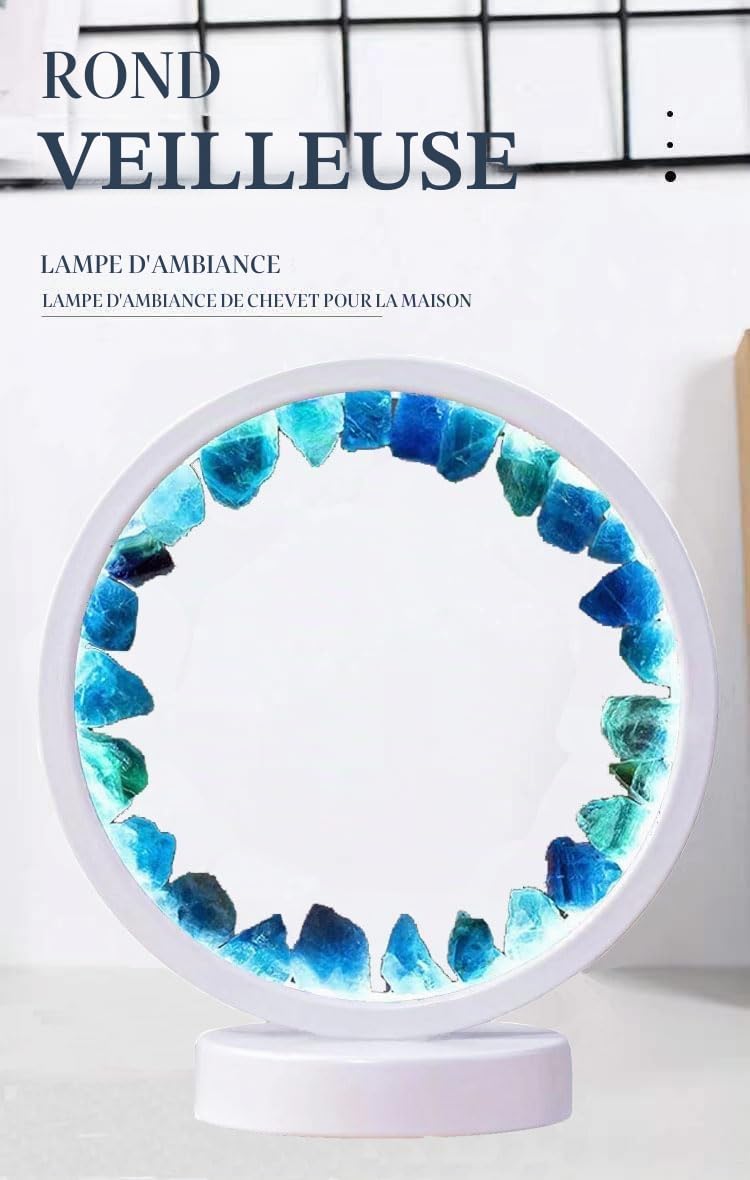 Lampe en Cristal Naturel, Trois Modes d'Éclairage, Luminosité Réglable, Alimentation par Port USB (Blanc Rond Fluorite Bleue)