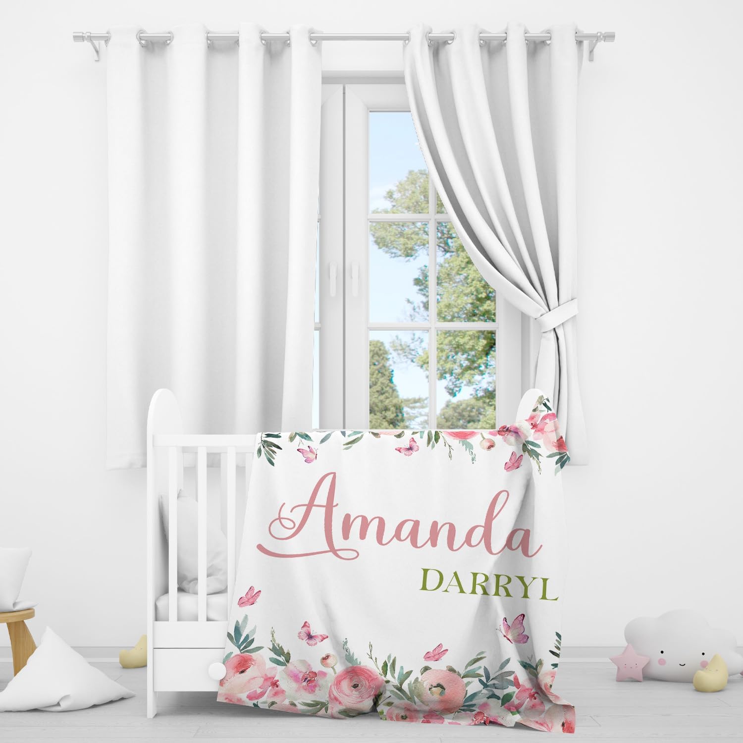 Personalized Baby Blanket for Girls, Custom Floral Baby Blanket, 30x40 inches, Fleece, Single Layered, Perfect for Sleeping, Swaddling, Stroller Cover, Pink