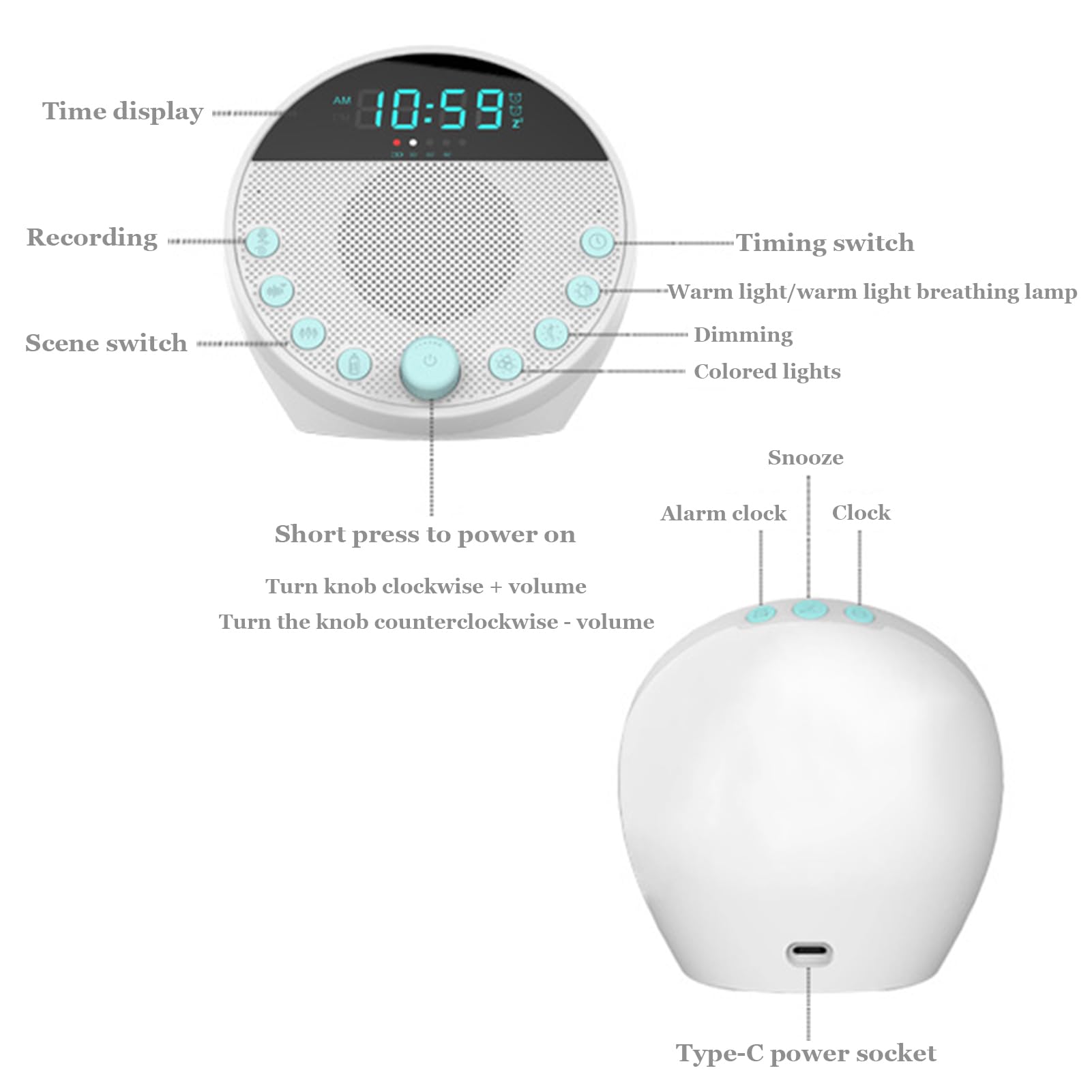 Máquina de Ruido Blanco para Dormir portátil con luz Nocturna integrada, 18 Sonidos relajantes con Temporizador y Memoria para un sueño reparador, Ideal para bebés y Adultos.