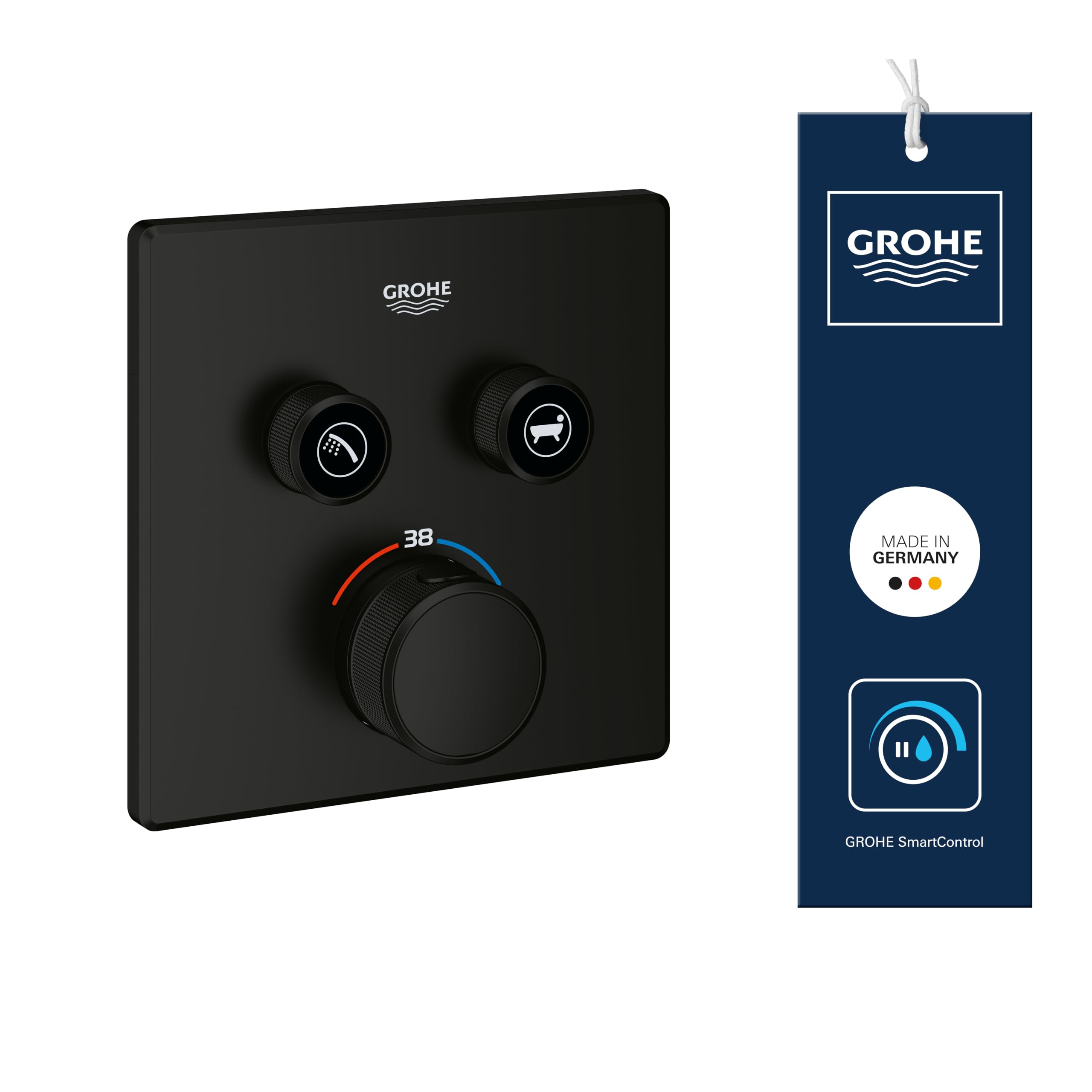 GROHE Grohtherm SmartControl - Termostato empotrado cuadrado (2 válvulas, control pulsador, ajuste de caudal, botón seguridad 38°C, solo escudo), negro mate, 291242430