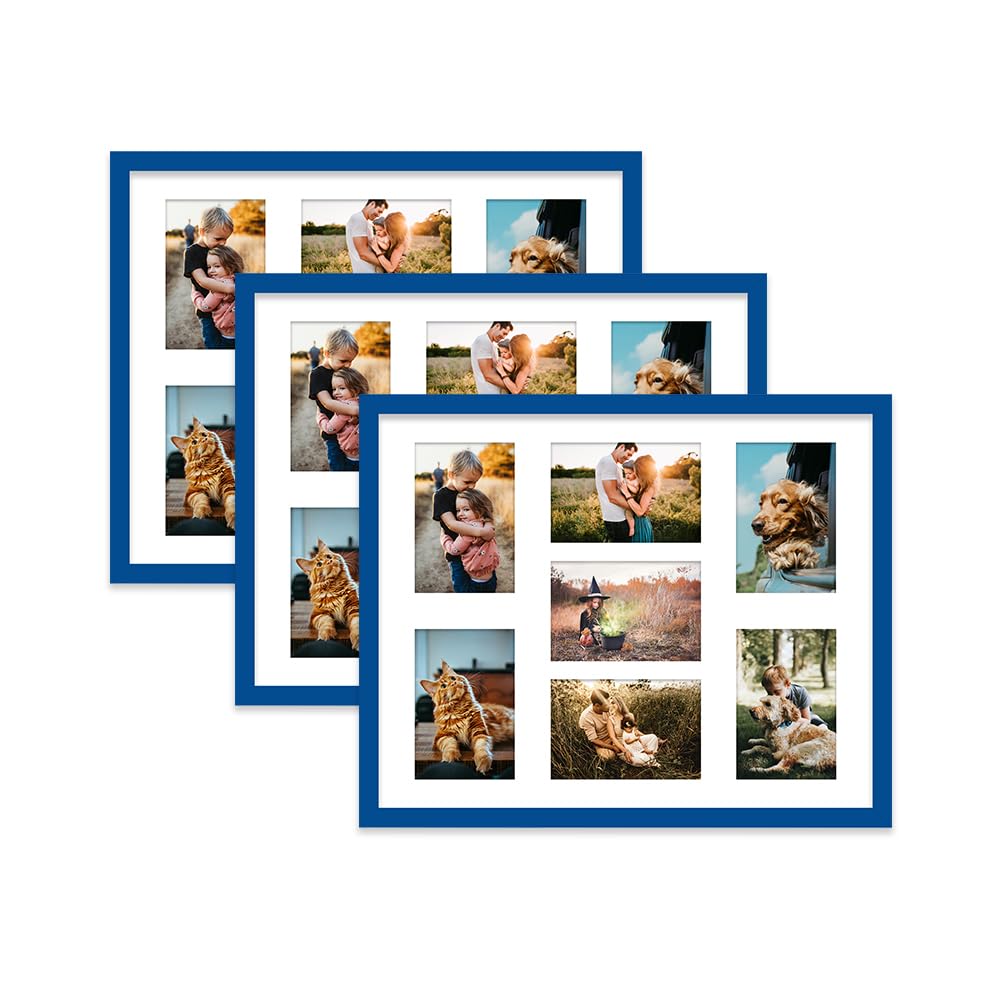 Blue Multi Photo Frame - Holds 7 x 6x4 Pictures, Family Collage Picture Frame for Wall Display, 20x16 Frame size, Set of 3