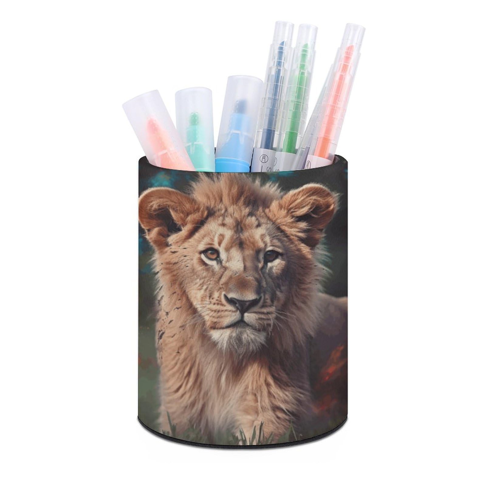 KLOPH PU Leather Pen Holder for Desk, Aesthetic Pencil Cup for Desktop, Makeup Brush Srotage for PenOrganizer Office Supplies, Art Lion Pen Cup Pencil Caddy for Home Art Supply