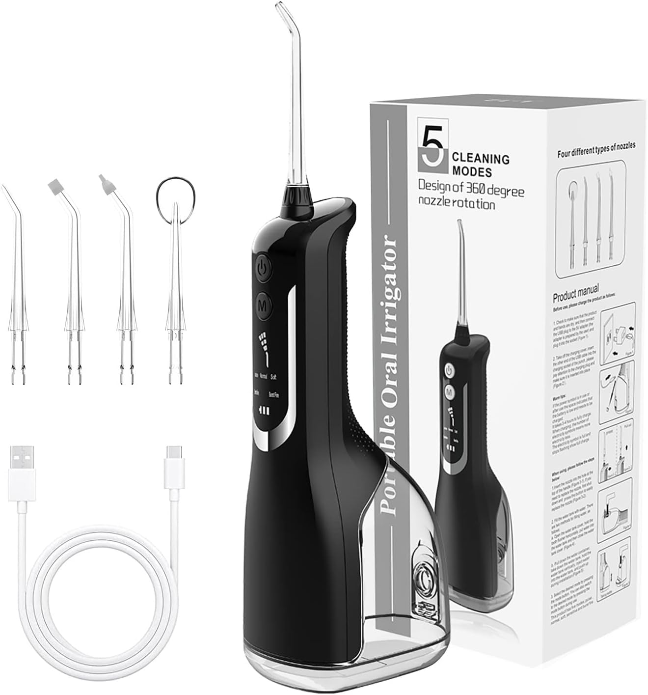 Portable Cordless Water Flosser - IPX7 Waterproof, 5 Modes, 4 Jets, for Teeth Cleaning and Flossing | Compact and Rechargeable (Black)