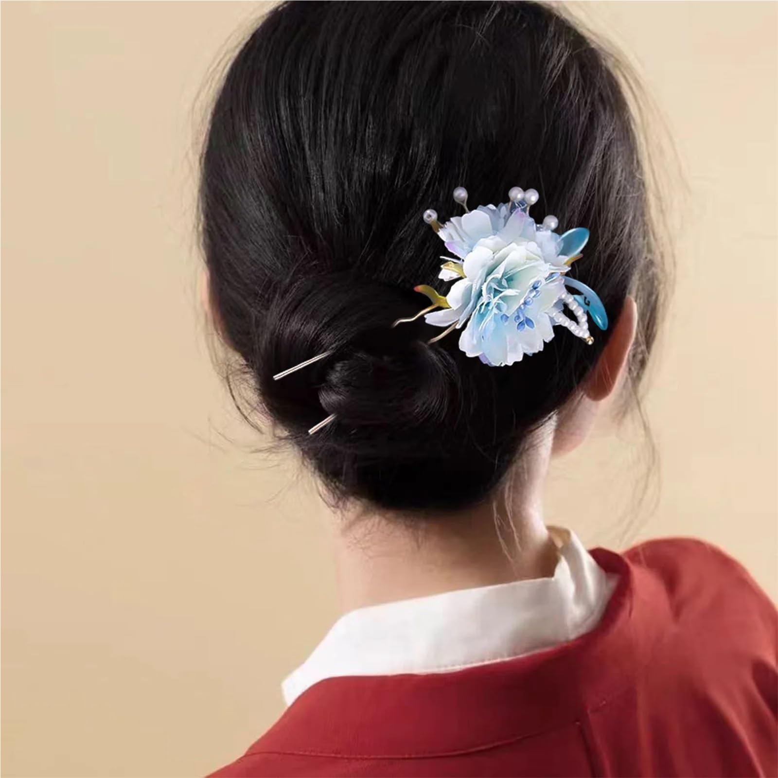 Bacchette per capelli Forcine for capelli a forma di U con fiori blu, fermagli for cinesi retrò, perle, nappe, gioielli for da donna, abito Hanfu per Donne