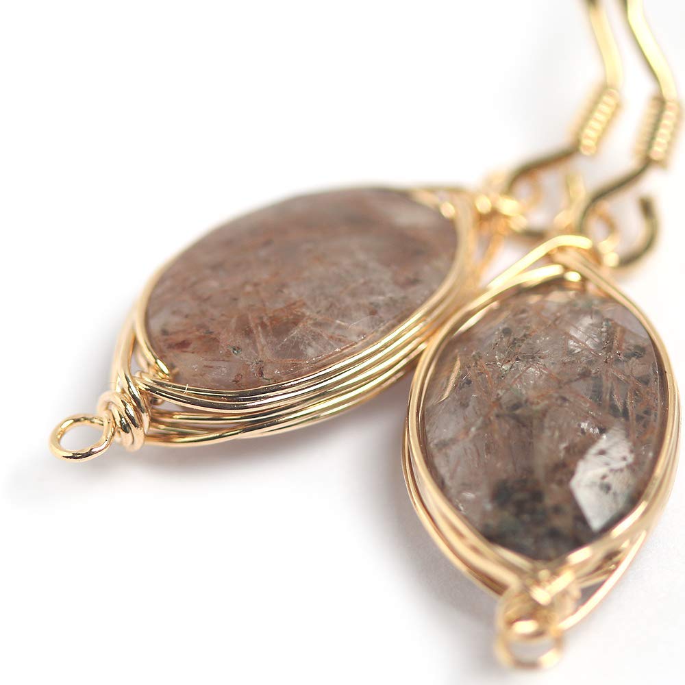 Natural Stone Wire Wrap Dangle Drop Earrings Gold Plated 925 Sterling Silver Hook/Brown Rutile Quartz Oval Cut