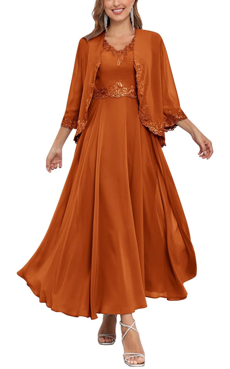 Kurface Women's Burnt Orange Mother Of The Bride Dresses With Lace Applique Jacket For Ankle Length Formal Party Gown Uk16