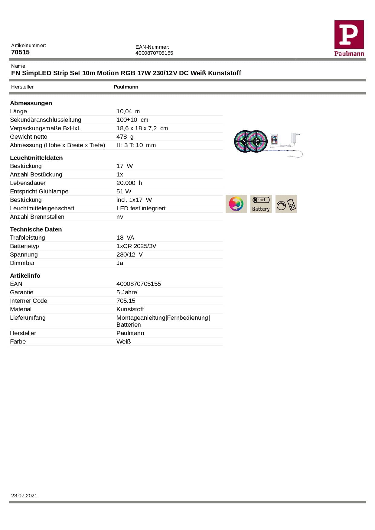 Paulmann 70515 Strip SimpLED LED 17 W, juego básico strip, regulable, blanco, plástico, 10 m, Motion RGB