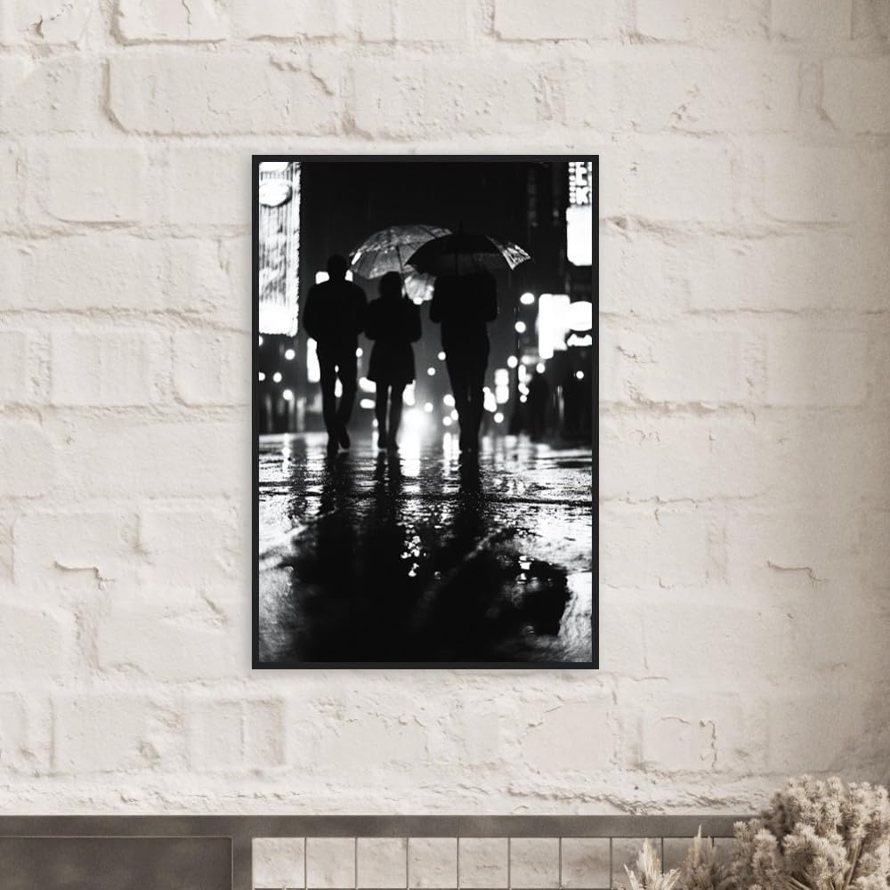 Artful Walls Moody Street Photography | Black & White City Night with Neon Reflections and Umbrella Silhouettes Size 60x90 cm / 24x36″