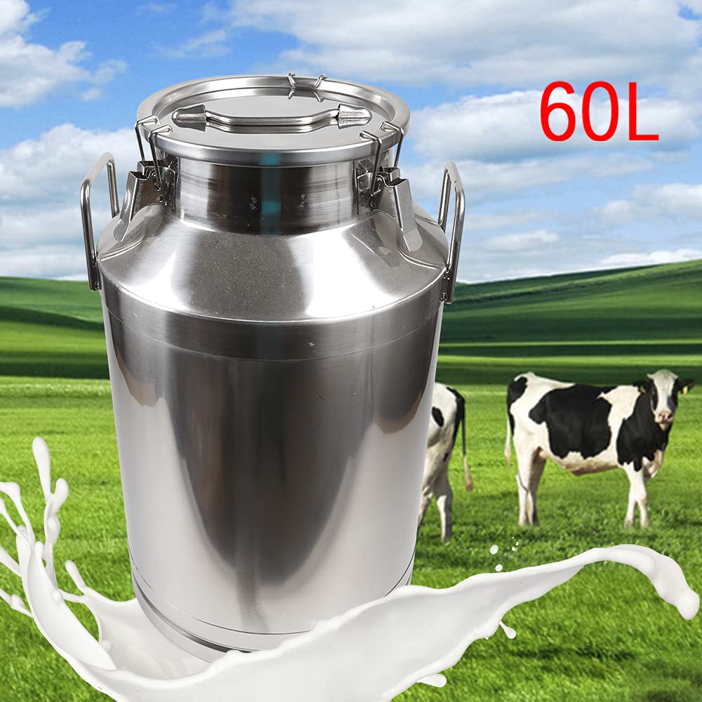 60L/ 15.8Gallon Stainless Steel Milk Can with Sealing Lid, Heavy Duty Milk Bucket Wine Pail Bucket Sealed Milk Cans Tote Jug for Milk and Wine Container Storage, Easy Use