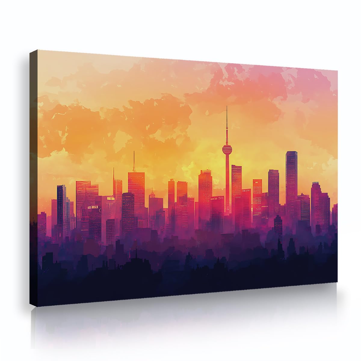 TOANGWALL Skyline Sunset Framed Canvas Artwork Modern City Architecture Skyline Purple Orange Yellow Picture Giclee Printed Poster for Living Room Office Decor 75x115cm
