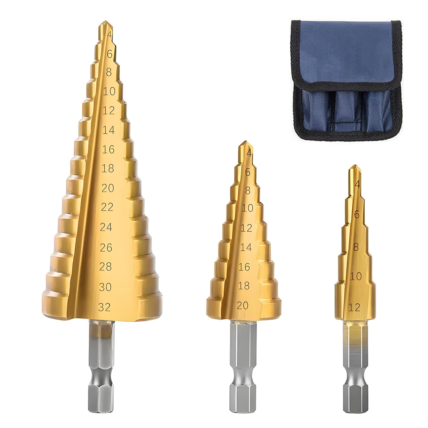 xiluuyou 3PCS HSS Step Bits, HSS Spiral Step Drill Bit Sets, 4-12/4-20/4-32mm, Hole Cutter for Sheet Metal, Plastic, Steel Plate