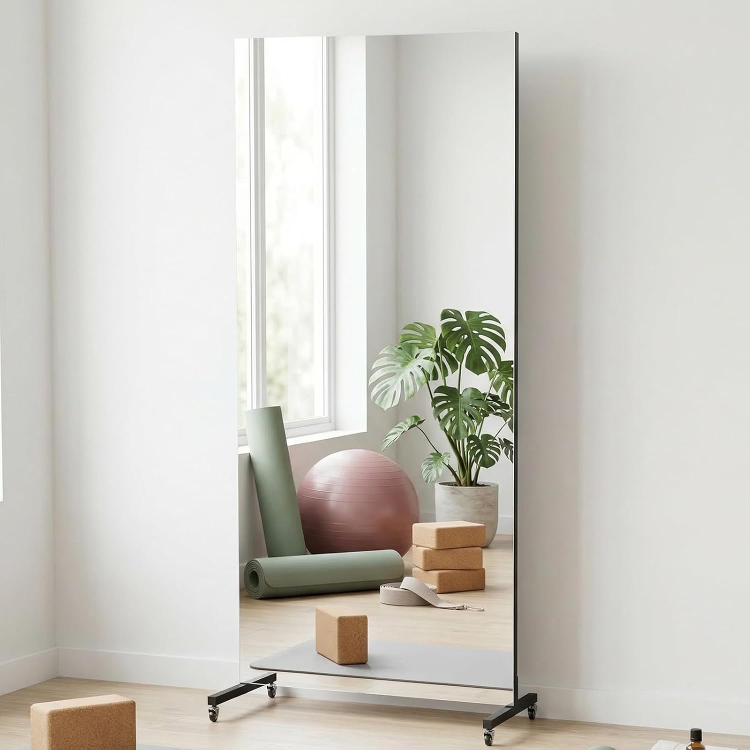 brisafe Large Rolling Mirror 71" x 40" Shatterproof Tempered Glass Easy to Move Full-Length Mirror for Gym/Dance Studio/Yoga Room/Home, White