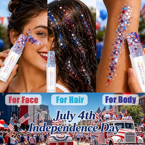 4th of July Glitter Stick (2Pcs), Red White and Blue Glitter Stick, Glitter Sticks for Face, Patriotic Hair Glitter Makeup, Fourth of July Decorations for Independence Day, Sparkling Makeup for Women — view 5