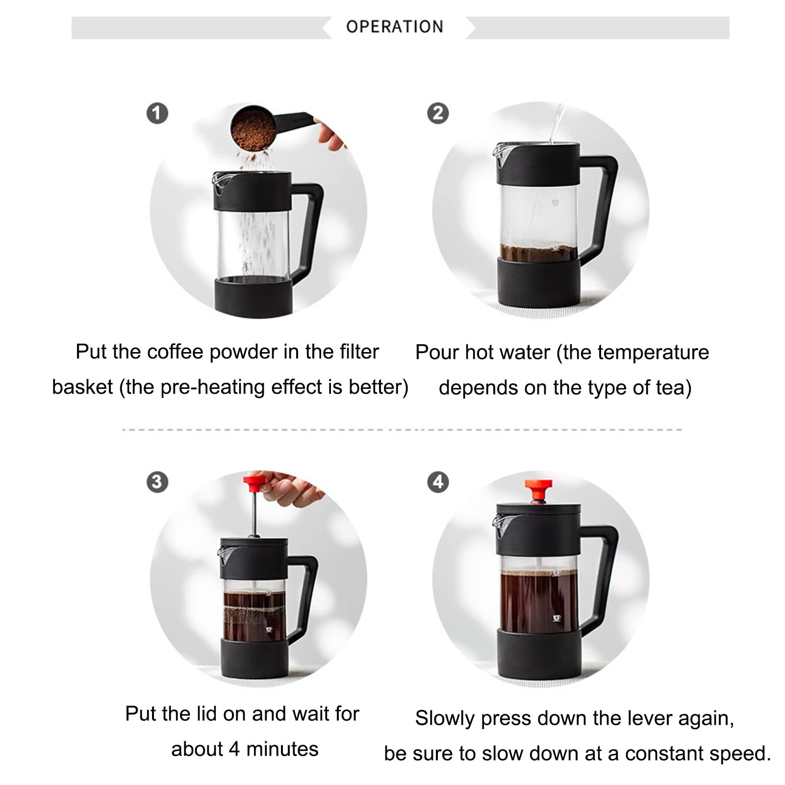 Caffettiere A Pistone,Caffettiera Francese in Vetro Borosilicato Resistente al Calore Rimovibile in Acciaio Inossidabile 304 con 3 Filtri,French Press Caffe Resistente E Facile da Pulire