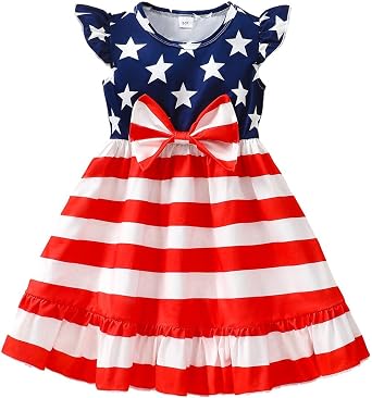 Girls 4th of July Dress Toddler Girl American Flag Dresses Flutter Sleeve Patriotic Clothes Independence Day Outfits