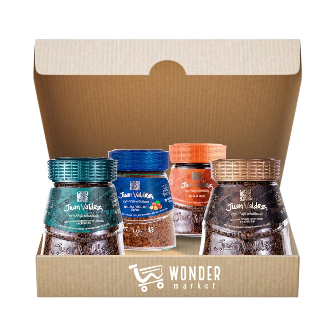 Wondermarket. Degustación Café Colombiano Liofilizado J. Valdez Colombiano Café Soluble Sabores Dulce de Leche Avellana Original y Descafeinado