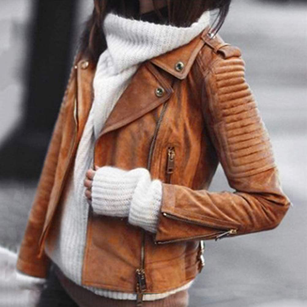 ORANDESIGNE Damen Mode Lederjacke Kunstleder Reißverschluss Langarm Moto Biker Kurzmantel Bikerjacke Biker Outwear Jacke