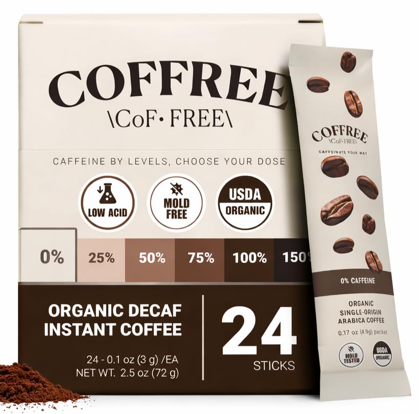 Image of COFFREE Organic Decaf Instant Coffee Packets - Mold Free, Low Acid, Single-Origin Arabica - Individual Single Serve Coffee Sticks - Easy for Travel, Camping - Light Roast - Decaf Coffee - 24 Count