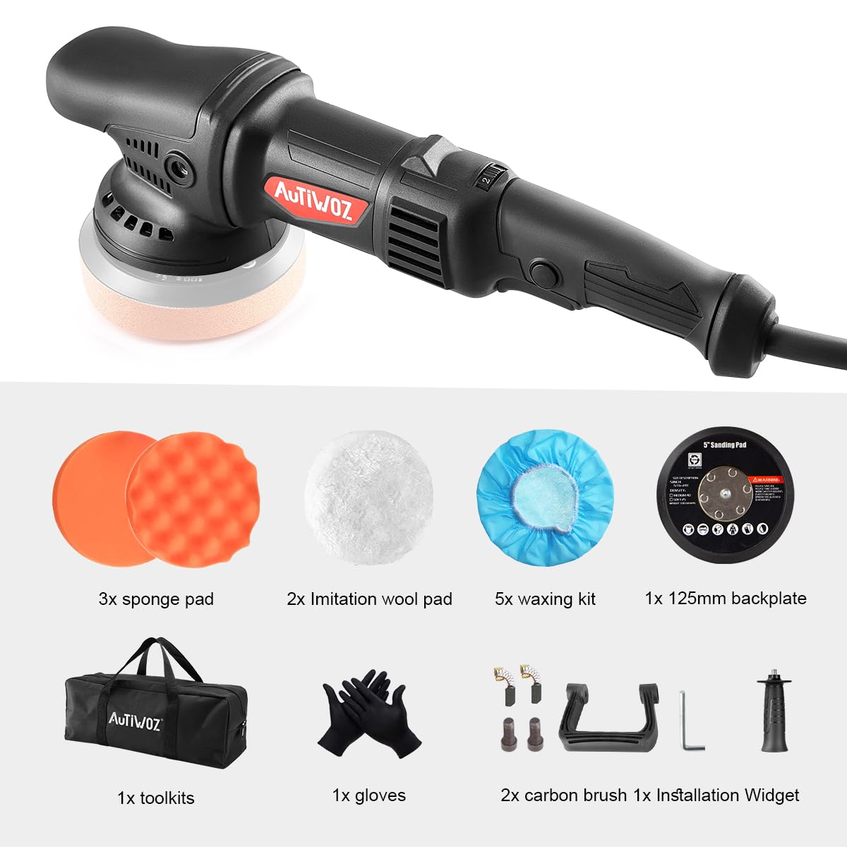 Pulidora Orbital,AUTIWOZ 920W Pulidora Coches, Juego de Pulidora Excéntrica,125mm Almohadilla de Pulido,Mango en D y Mango Lateral,6 Velocidades, 2800-5800RPM, Pule Coches, Barcos y Motos.