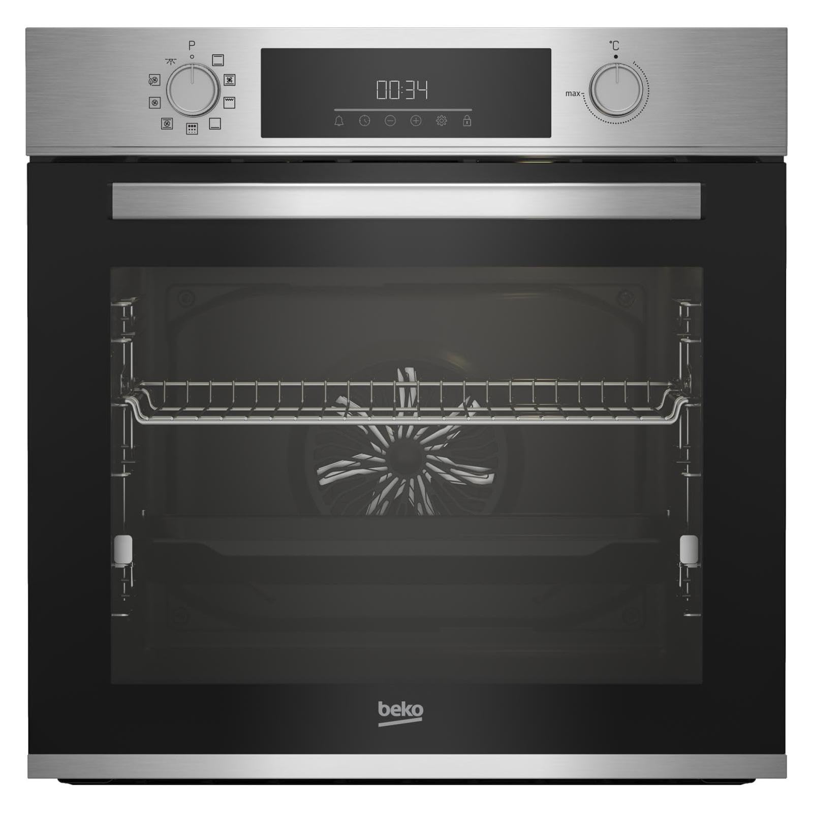 Beko BBIM12300XMPEF Einbau-Backofen, Multifunktionsofen, 72 l Volumen, 10 Funktionen, FlexiCrisp für kontrolliertes Nachbräunen, Pyrolyse, versenkbare Knebel, Cool door, Edelstahl/Schwarz