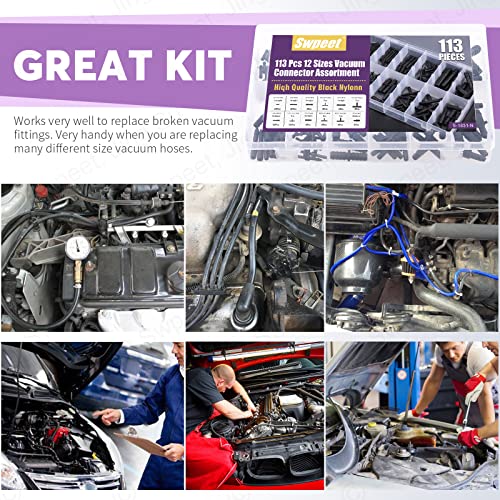 Swpeet 113Pcs Barbed Type Vacuum Connector Assortment Kit, Including